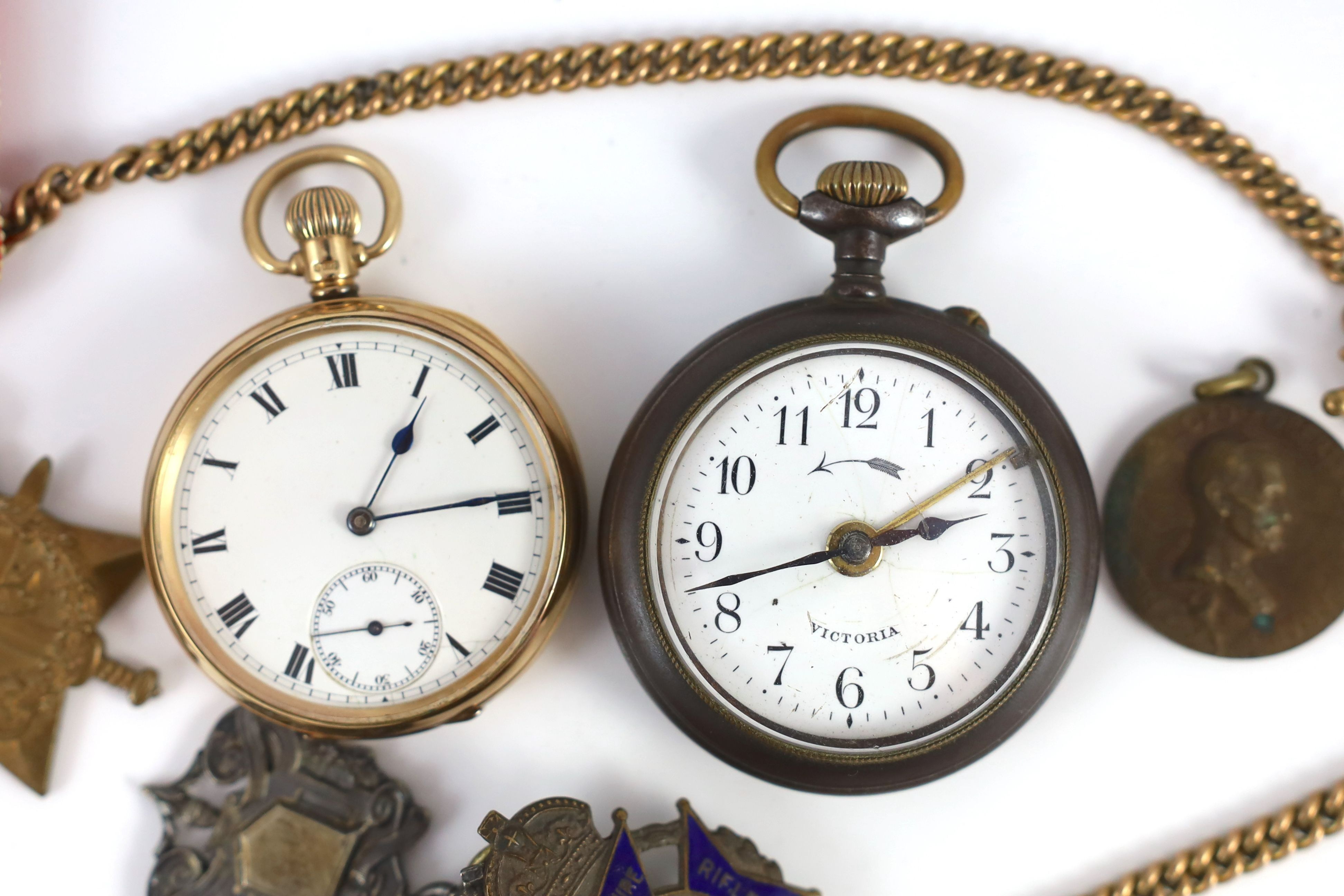 WWI interest: W G Wright, East Surrey Regiment 9ct gold presentation open faced keyless lever pocket watch, hallmarked for Birmingham, 1915, with Roman dial 1914-5 star, various shooting medals and a German soldier's ala